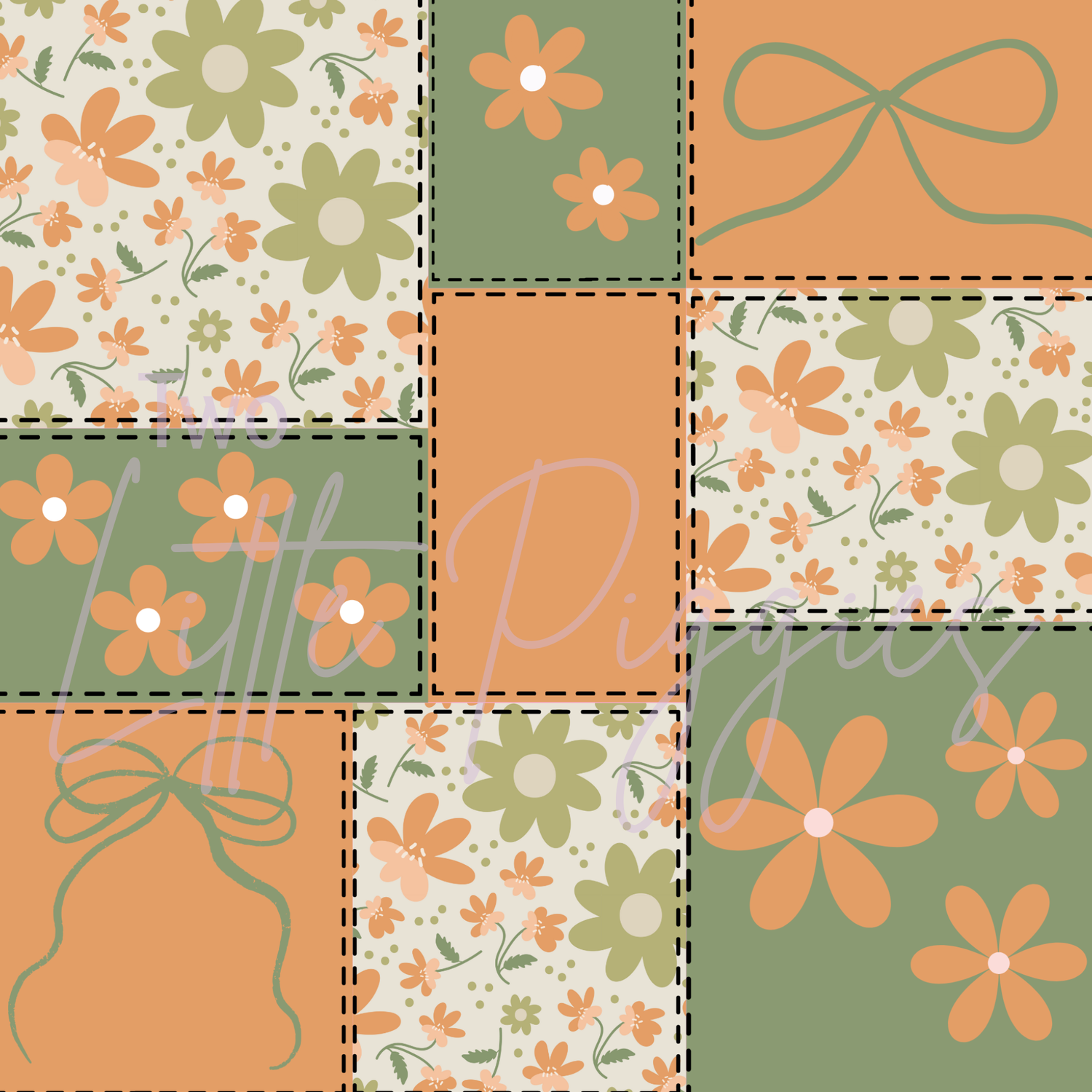 Printed Vinyl - Patchwork - Green and Orange Bows and Flowers