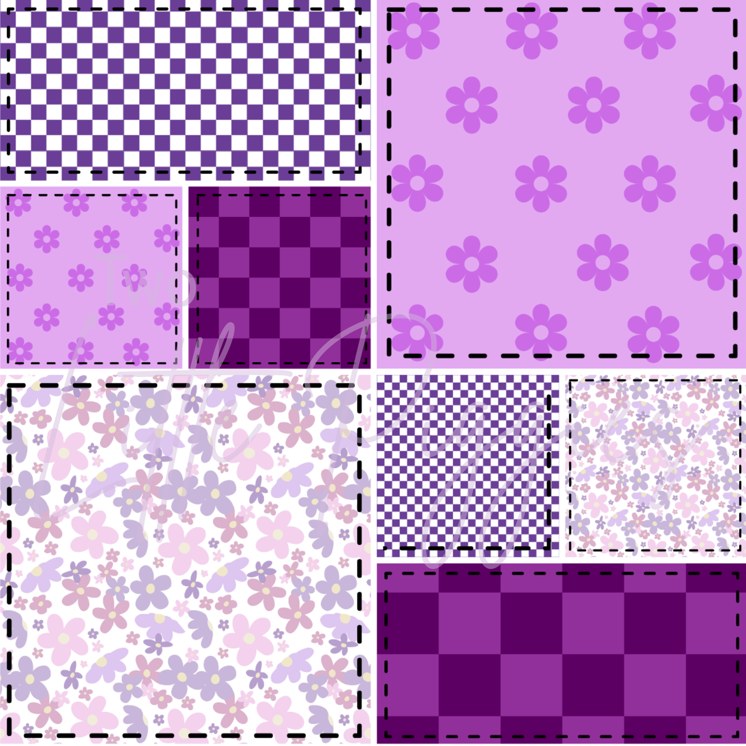 Printed Vinyl - Patchwork - Purple Flowers and Checkers