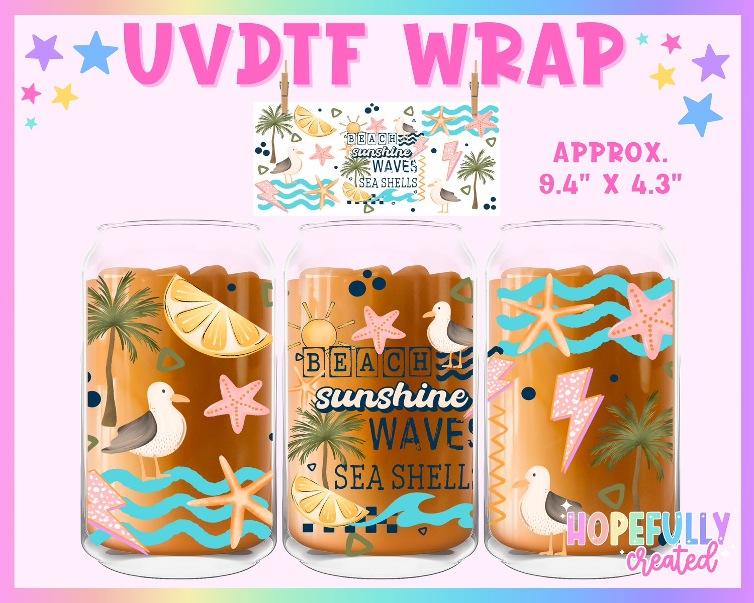 Beach Sunshine Waves Seashells UVDTF Glass Can Wrap