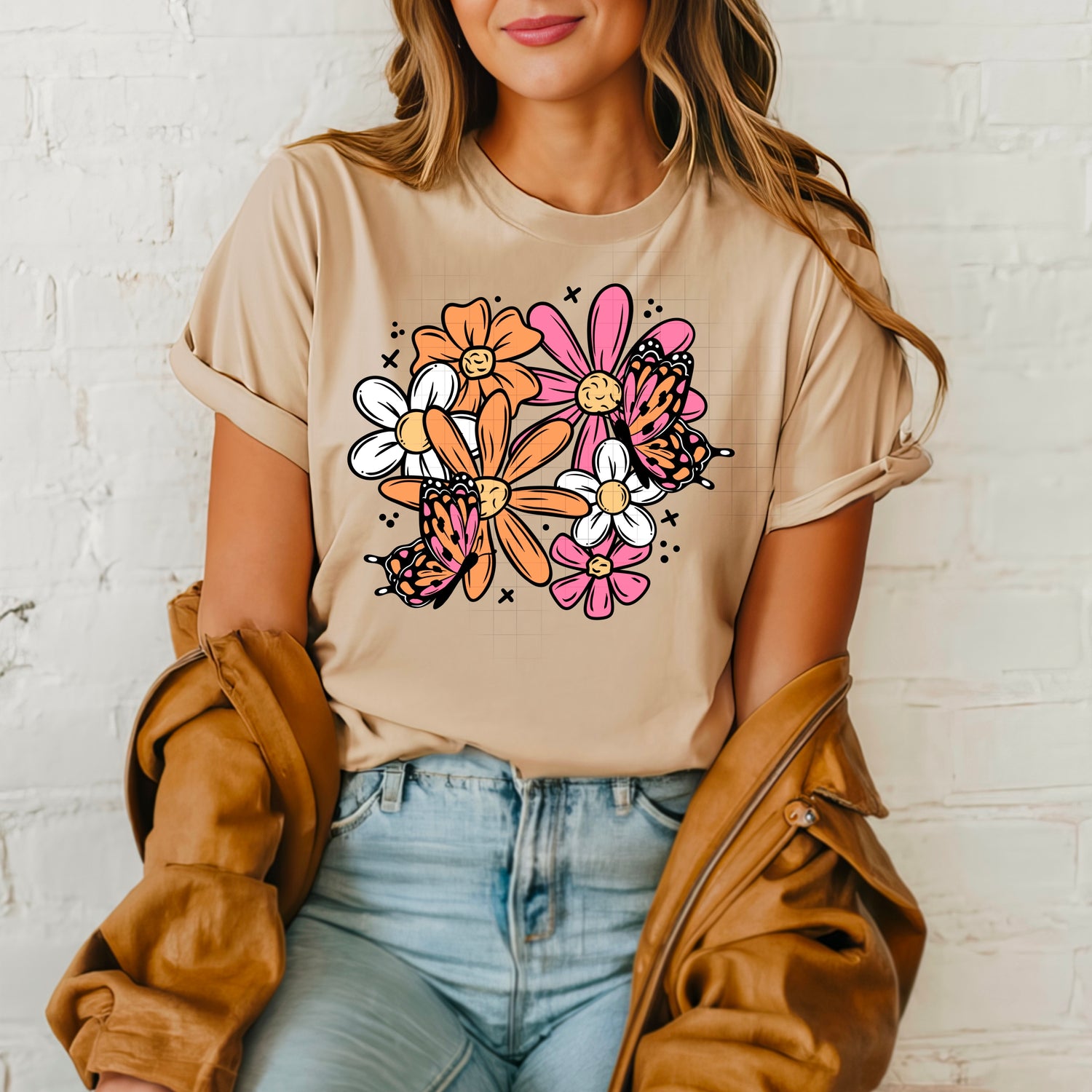 PINK AND ORANGE FLORAL BUTTERFLIES  TEE