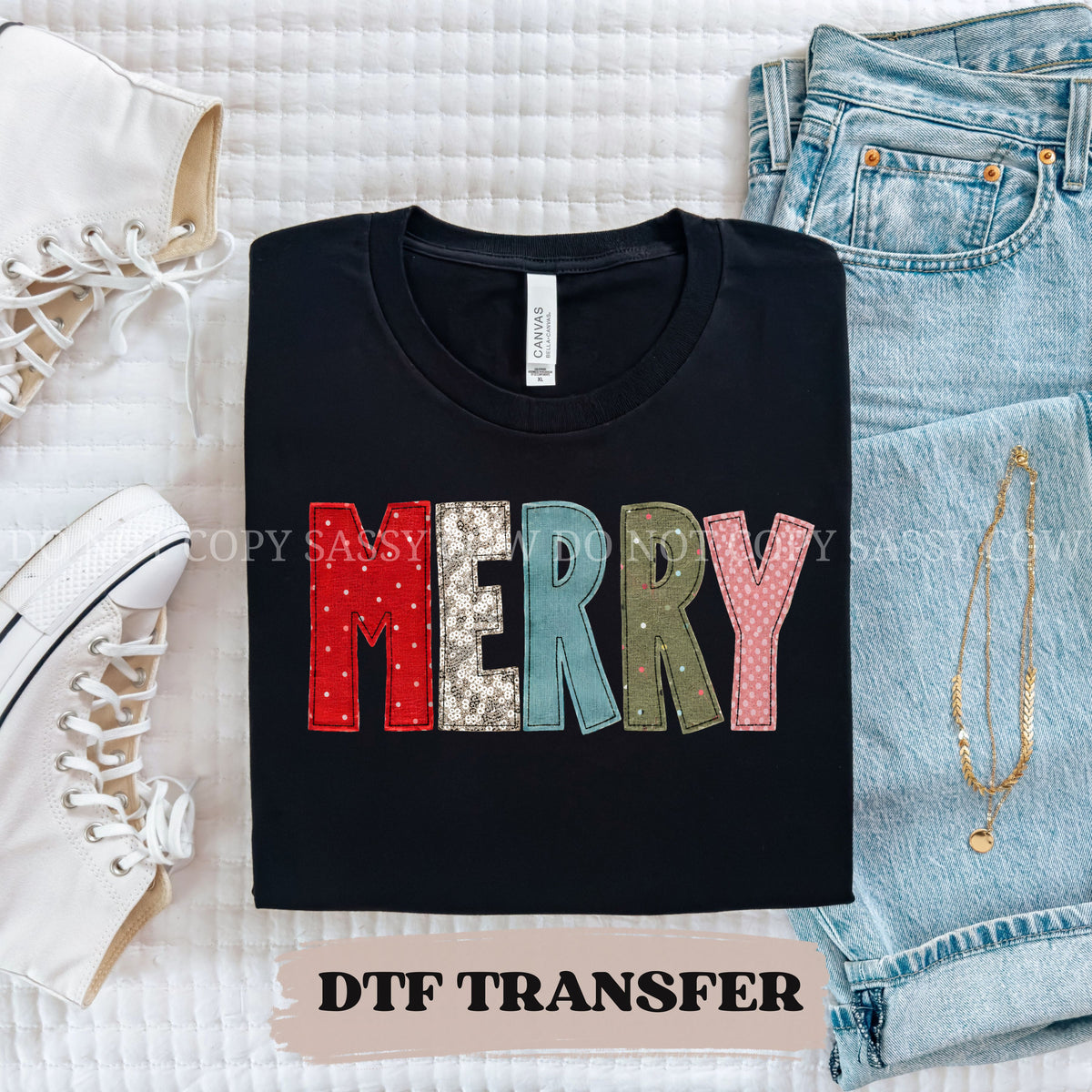 FAUX FABRIC EMBROIDERED MERRY - DTF TRANSFER 0453